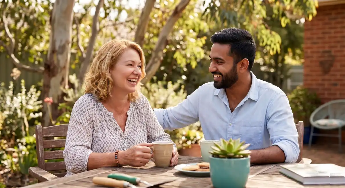 A couple on a free dating app meeting in person for a coffee date after matching online.