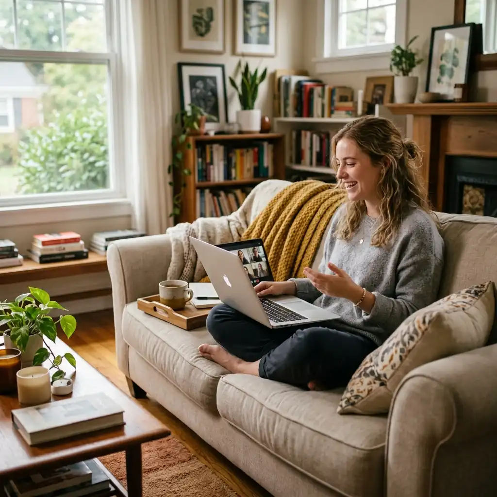 A young woman smiling as she looks at her laptop screen while sitting comfortably indoors.
