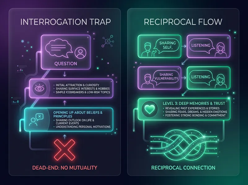 Infographic comparing the linear Interrogation Trap vs circular Reciprocal Flow in deep conversations