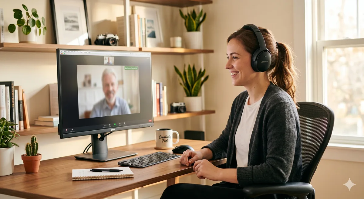 Young man wearing headphones smiling during a secure video chat session with end-to-end encryption enabled